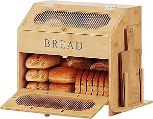 HOOBRO Bamboo Bread Box, Bread Storage Box, Kitchen Countertop Large Food Storage Box, 2-Tier Storage and Extra Cutlery Storage, Bread Box with Acrylic Doors, for Food Storage, Natural YL22MB01