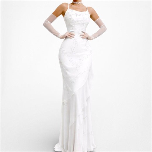 Abito da ballo formale vintage bianco con volant e perline, vestibilità aderente, svasato, taglia S - Etsy Italia