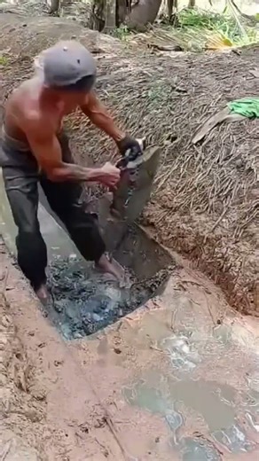 This is the digging process for making a ditch using a hoe manually.