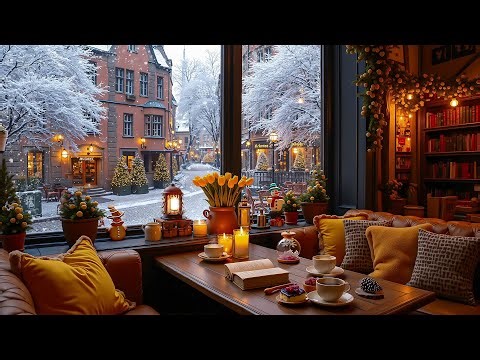 Warm Coffee Shop in Winter ❄️☕ Gentle Jazz Playlist & Snowfall by the Window for Study and Chill