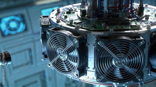 Powering circular module keeping fans spinning and revealing circuits in lab, probe lens left