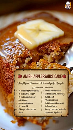 AMISH APPLESAUCE CAKE 🍏 The kind of cake that smells like home — sweet apples, cinnamon, and pure love in every bite. Grandma used to make it on chilly mornings, and the whole kitchen felt like a hug. 💛 🍎 Preheat oven to 350°F and grease a 9×9 pan. Cream butter and sugars, then beat in egg, applesauce, and milk. Stir in dry ingredients, fold in nuts if using, and pour batter into the pan. Bake about 40 minutes, cool slightly, and serve warm — perfect with coffee. #OldSchool #BakingLove #Comfo