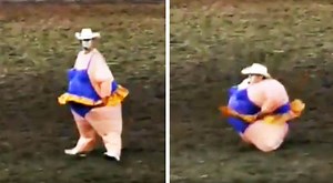 Rodeo Clown Dances In Inflatable Suit To Earn Some Laughs