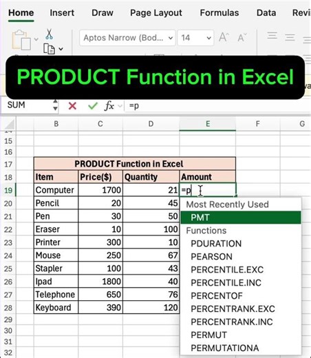 How to use PRODUCT Function to get the Total Amount in Excel #excel #exceltips #exceltutorial