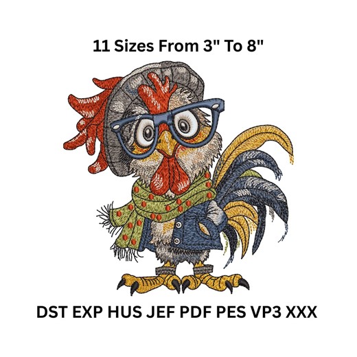Rooster Embroidery Design – Hipster Chicken File in 11 Sizes for Machines - Etsy Australia
