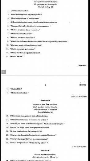 BUSINESS MANAGEMENT PREVIOUS QUESTIONS - B.Com Calicut University