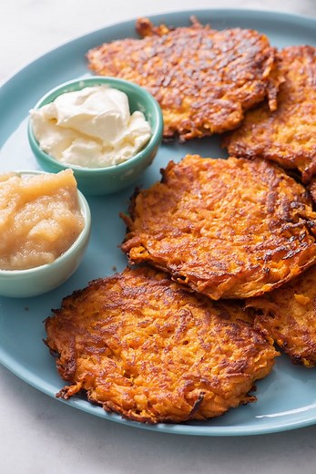 6.3K views · 84 reactions | Sweet Potato + Crispy Potato Latkes Who's celebrating Hanukkah?  You've got 8 nights to make latkes and I've got a bunch of tips to make them crispy and crunchy in minutes. Here's a link to my Sweet Potato Latkes: https://weelicious.com/sweet-potato-latkes/ | weelicious | Facebook