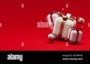 Merry Christmas looping video with Christmas gifts surrounded by festive decorations and copy space on a red background in 3D animation