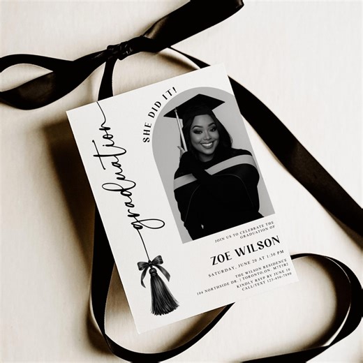 Graduation Invitation Template, Class of 2026 Grad Announcement With Photo, Black Tassel Bow Graduation Invite, Modern She Did It Invitation - Etsy