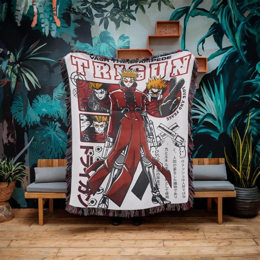 Anime Inspired Woven Blanket, Moon Graphic Throw, Cozy Manga Style Blanket, Retro Aesthetic Home Decor