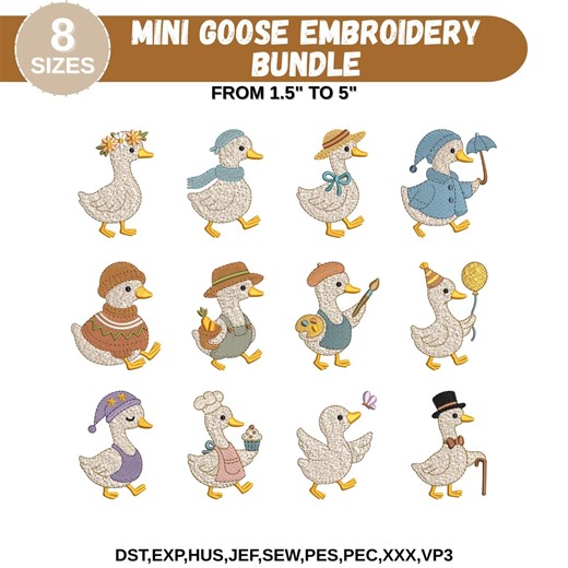 Mini Goose Embroidery Designs, Cute Duck Characters, Goose With Bow Silhouette, Farm Animals, Winters, 8 Sizes, Instant Download - Etsy