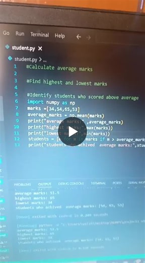 posting my first project on numpy it carries average ,maximum,minimum and student who score more than the average no of others through it is a mini project it builds my stong confidence 🔥🔥 | Vaishnavi Singh chauhan