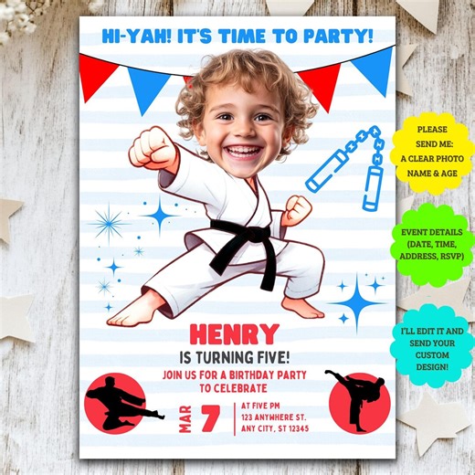 Karate Birthday Invitations: "custom PHOTO Invites" Personalized Karate Party Kids Karate Black Belt Theme Birthday Invite Martial Arts - Etsy