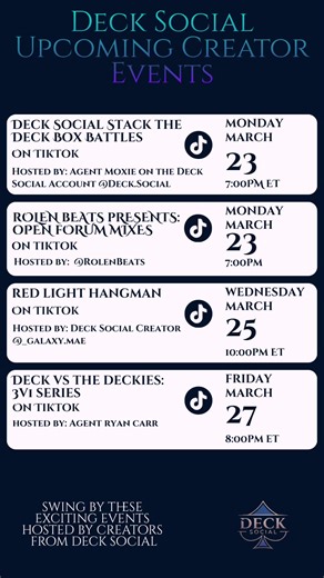 Check out the Deck Social Creator Calendar 📅 If you’re looking for something to do this week, swing by these events, jump in the lives, and say hello. This week kicks off with Agent @MoxietheMagnificent 🐦‍🔥♠️ and the Stack the Deck Box Battles at the same time @DJ Rolen Beats is spinning the turntables in his live! Wednesday @🌌📚🌶️Galaxy 🌶️📚🌌 is hosting Red Light Hangman, and Friday Agent @Ryan Carr from the Carr Family is hosting the 2v1 series against @BIG Deck ♠️ we all love! The week