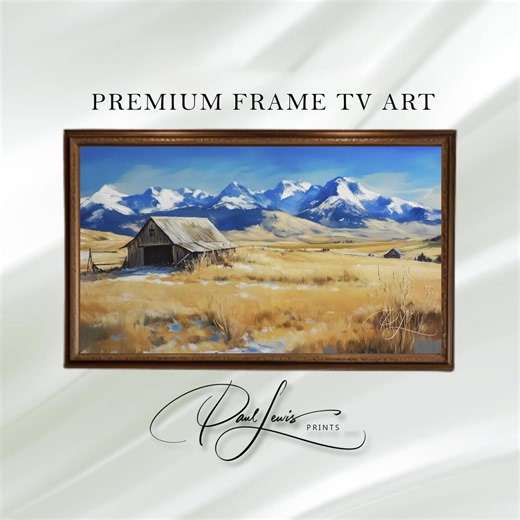 Rustic Barn Oil Painting Print for Samsung Frame TV, Scenic Montana Landscape, Golden Fields and Snowy Peaks, Vintage Digital Download 112 - Etsy
