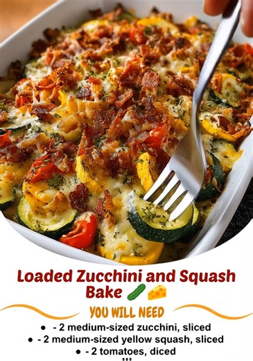 Loaded Zucchini and Squash Bake 🥒🧀 A hearty and cheesy dish that showcases the fresh flavors of zucchini, yellow squash, tomatoes, and crispy bacon, all baked to perfection for a comforting meal. Ingredients: - 2 medium-sized zucchini, sliced - 2 medium-sized yellow squash, sliced - 2 tomatoes, diced - 1/2 white onion, chopped - 4-6 slices of bacon, cooked and crumbled ............................................. Recipe in First Coʍmеոτ 👇 | Mood Of Calmness