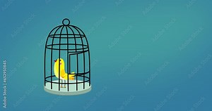 Freedom of a yellow canary bird captive in a cage. Cartoon character animation cute animal. Making freee good as metaphor for any material.