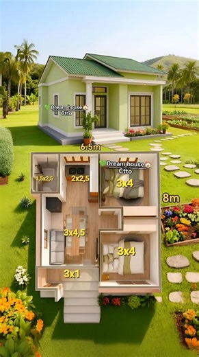 🌿A compact and practical house layout designed for a 6.5m x 8m space, featuring two bedrooms, a cozy living area, and an efficient kitchen-dining setup—ideal for simple and budget-friendly living.💚 For inspiration ideas only. #DreamHouse #2bedrooms #floorplan #SmallHome🌿 🏡ℂ𝕣𝕖𝕕𝕚𝕥 𝕥𝕠 ℝ𝕚𝕘𝕙𝕥𝕗𝕦𝕝 𝕆𝕨𝕟𝕖𝕣💚. | Dream House