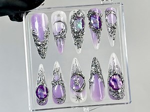 Gothic Purple Press on Nails | Dark Glam Fake Nails | Silver and Purple Nail Art | 3D Gothic Purple Fake Nails | Gothic Nails | HC737YC - Etsy