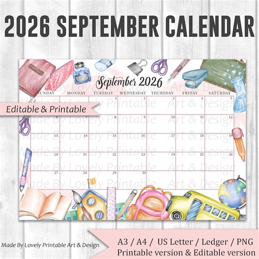 EDITABLE September 2026 Calendar, Back to School Planner, Calendar for Home & Office, Printable Fillable Planner, Kid's School Schedule - Etsy Canada