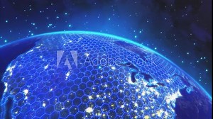 Digital Spinning Earth Animation for Use in Playback Videos, News Reports, Loading Screens. 3D Planet Revolving with Conceptual Connected Iot Grid Covering the Land.