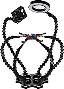 Helping Hands PCB Holder for Soldering with 6 Flexible Arms, 3X Magnifying Lamp, USB DC Fan and Stable Metal Base, Third Hand for Electronics Jewelry Making Hobby and Craft
