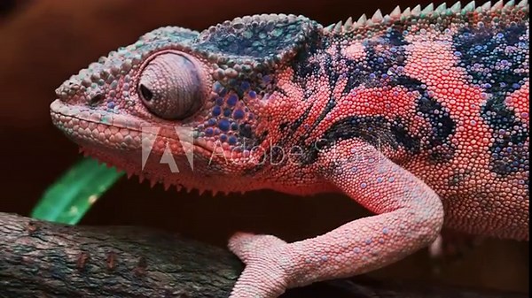 Extreme close-up of a vibrant red panther chameleon on a branch, catching and eating its prey with its long, sticky tongue. A beautiful reptile showing its hunting behavior in a natural habitat