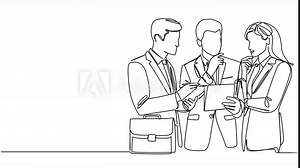 animated continuous single line drawing of two businessmen and businesswoman talking, line art animation