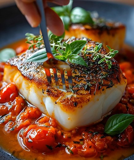86K views · 382 reactions | Pan-Seared Mediterranean Cod in Tomato Basil Sauce Ingredients  | Kitchen Flavors | Facebook