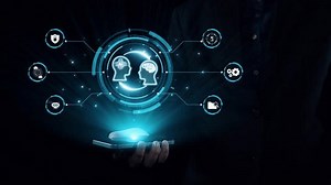 Human interact with AI artificial intelligence brain processor in concept of AI artificial intelligence engineering, big data and AI machine learning to use generative AI for business support. UUID
