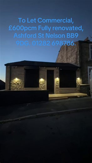 To Let Commercial Unit, Ashford Street Nelson, BB9 9DG, £600 pcm • 1 Kitchen • Front yard • 1 Main Room • Toilet • Back yard • Electric Shutters • Double glazing windows • New roof • Recently refurbished • Size of the building 200 sqft • Under floor Heating • Ring cameras surrounding the building phone access • Lease term negotiable • Lights controlled by your smart phone • Outside tap & outside electric • Will need to seek relevant planning permission for relevant use. • £600pcm & £600 dep Tel: