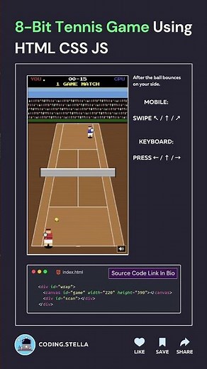 Interactive 8-Bit Tennis Game using HTML CSS & JavaScript 🎾🤯 #coding #css #game