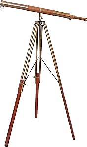 Nautical Antique Floor Standing Brass Telescope Arc Design Brown Leather Adjustable Wooden Tripod