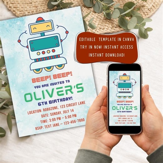 Robot Birthday Invitation – Editable Digital Invite for Kids Birthday Party - Etsy