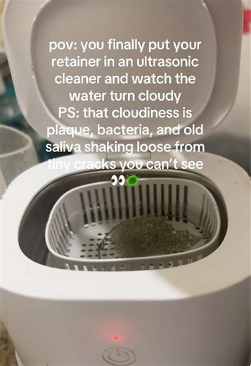 my morning routine is sooo much easier now that I don’t have to scrub and hand-wash my retainer - and this gets it ten times cleaner without me having to lift a finger, just the lid and a touch of a button 😩😍 tiny vibrations shake loose built-up plaque, trapped saliva, and bacteria hiding in microscopic cracks you can’t see. remember; a dirty retainer can hold more bacteria than a toilet seat if it’s only rinsed with water!!! #fyp #orthodontics #ultrasoniccleaner #retainer #oralhealth