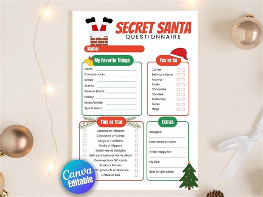Secret Santa Questionnaire Template, Printable and Editable Christmas Gift Exchange Form,printable PDF & Canva Template · A4 A5 Letter Sizes - Etsy