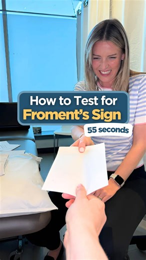 Katelyn | Physiotherapy Exam Prep | PCE on Instagram: "What pathologies might you see a positive Froment’s sign? ⬇️ Comment ULNAR nerve below and I will send you a list! Remember.. 🤓 A positive Froment’s Sign occurs when the thumb IP joint flexes during the test, indicating weakness or paralysis of the adductor pollicis muscle, due to ulnar nerve dysfunction. This compensatory flexion is due to overactivation of the flexor pollicis longus, which is innervated by the median nerve, not the ulnar 