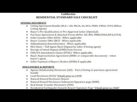 California Required Document Closing Checklist Residential Real Estate Sales Transactions