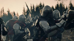 Epic Battlefield: Armies of Medieval Knights Fighting with Swords. Brutal Battle of Armored Warrior Soldiers Attacking Enemy. War, Warfare, Crusade. Cinematic Historical Reenactment. Fast Action