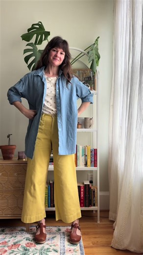 Trying to herald the arrival of spring by wearing my yellow Pinyon Pants and floral printed Bedrock Tee, but it’s not here quite yet. I’ve been wearing variations on this outfit, (bright pants tee chambray Slow Shirt) so often lately it’s become a uniform of sorts, making getting dressed easy and fun. Sometimes simple is best, especially for the work week, and an outfit I don’t have to overthink gives me a strong start to the day and it’s comfortable throughout. Maybe I need to sew up another ne