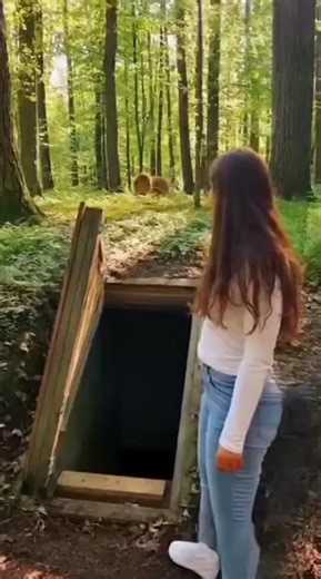On a bright day along a seaside highway, a gray SUV is parked near rocky cliffs with ocean waves visible in the distance. A young woman wearing a white top and light blue jeans is sorting items in the open trunk when a lion suddenly appears from down the road and runs toward the car. She notices it in panic, climbs fully inside the trunk, pulls her legs in, and closes the door from within. Only after the trunk is shut does the lion jump up and strike the back of the vehicle, then drop down and s