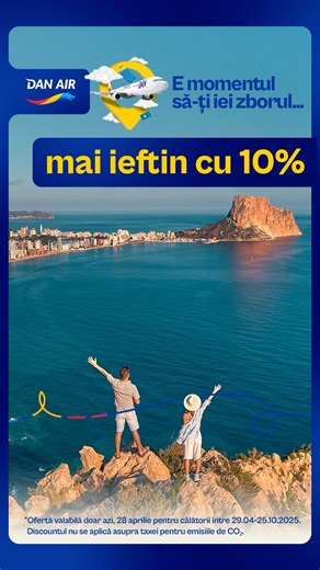 💸Cu DAN AIR, îți faci planuri de vacanță fără bătăi de cap – și fără să scoți prea mulți bani din buzunar! ✈️ Pe 28 aprilie ai 10% reducere la zborurile din București și Bacău – doar atunci, așa că nu rata! 📅 Poți zbura oricând între 29 aprilie și 25 octombrie 2025. 11 destinații europene te așteaptă, ești gata de decolare?😉 #DANAIR | DAN AIR