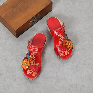 [Hot Item] Exotic Style Bohemian Handmade Leather Shoes Ladies Wedge Heel Slippers
