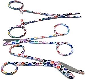 Hemostat & Colorful Paw Print Scissors - Set of 3: Suture & Lister Bandage Scissors, Hemostatic Forceps - White Paws Multi