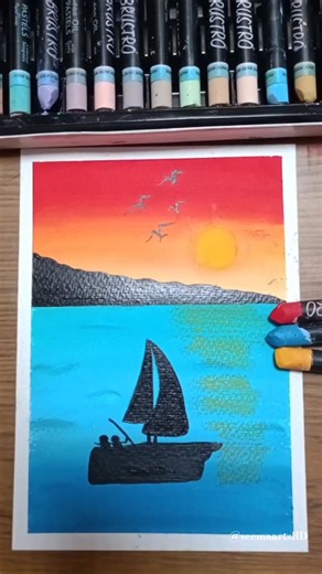 ⛵ Easy Beautiful Sunset Boat Scenery Drawing | Beautiful Gradient Background With Oil pastels Art