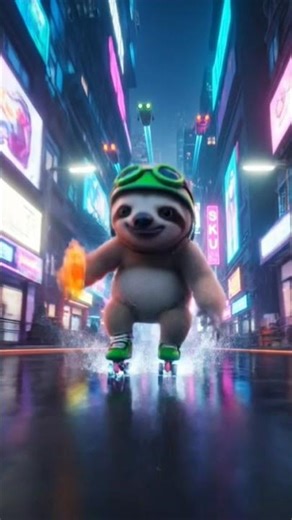 “Cute Sloth Roller-Skating Through a Neon City! 🌆🛼 | Cutest Aesthetic Animal Short |#DreamScreenAI