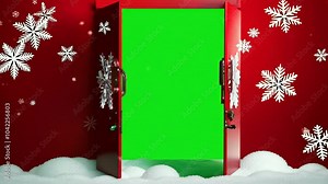 Witness magic Christmas advent calendar door opens red background revealing large 3D snowflakes Day designed present green screen message delightful 4K video graphic animation reveal festive holiday