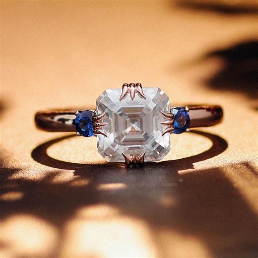 Asscher Cut Engagement Ring With Sapphire Side Stones, Three Stone Diamond Ring, Vintage Style Rose Gold Ring, Unique Bridal Ring - Etsy