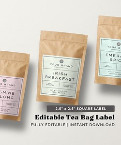 Custom Tea Packaging Label Template - Printable Label Design, Square Product Label, Tea Label Editable, Minimalist Product Label Template - Etsy