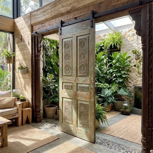 Vintage Solid Wood Floral Carved Door, Green Hinged, Pocket or Sliding Barn Doors, 80x33